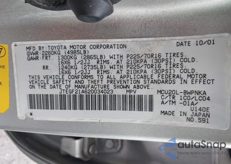 2002 Toyota Highlander Limited V6 z USA, uszkodzony, nr VIN JTEGF21A620034023